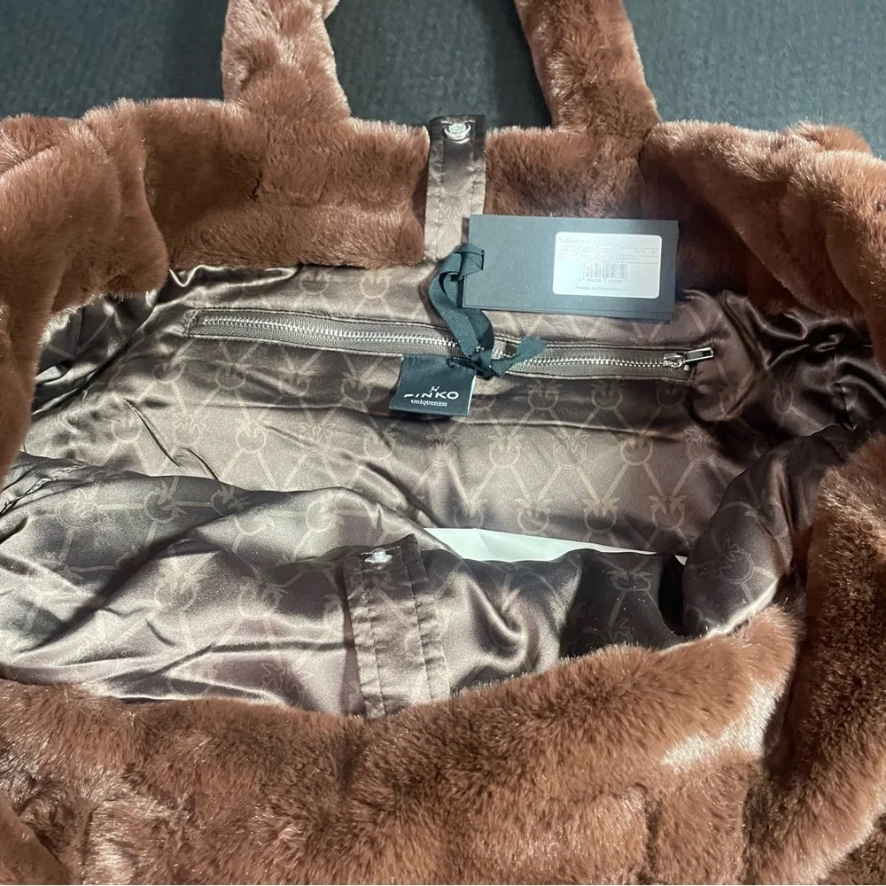 LUSCIOUS GREAT GIFT!! BNWT Pinko Debossed faux fur plush tote brown PRICE FIRM - Picture 10 of 16